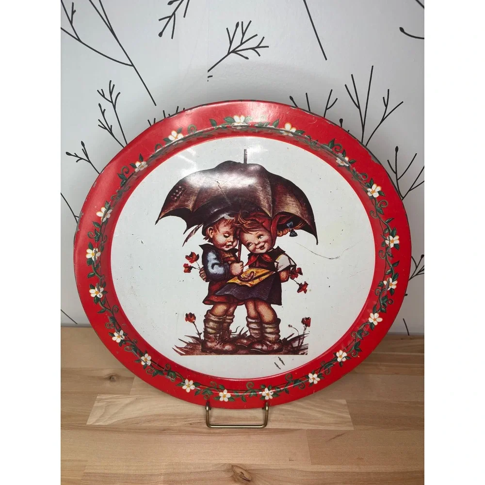 Vintage Giftco Hummel Style Metal Serving Tray Red Floral Boy Girl Umbrella 13in
